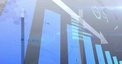 Translucent blue bars rising in dashboard, with line graph, down arrow, hex Illustrazione stock