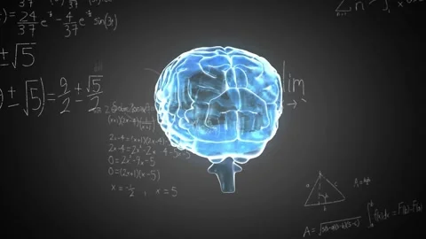 Translucent blue brain appearing, rotating and tilting while chalk formulas Stock Footage 330379834