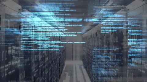 Translucent blue code streams drifting across server aisle on startup to Stock Footage 312407591