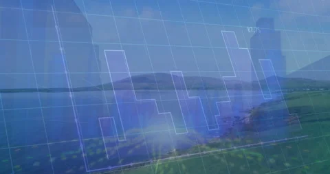 Translucent blue data animating over coastal landscape, showing grid lines, bar Stock Footage 307463431