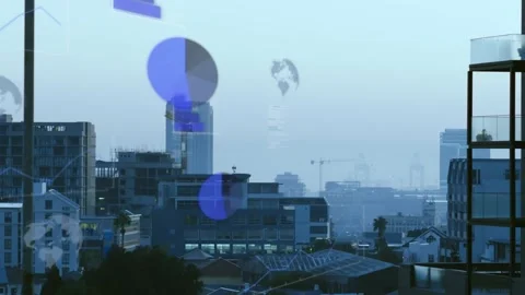 Translucent blue graphics appearing over skyline, growing and scrolling charts Stock Footage 322220589
