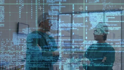 Translucent blue grid shifting, revealing two surgeons conversing and Stock Footage 330756375