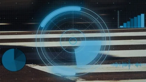 Translucent blue HUD overlay activating on adult pedestrian entering crosswalk, Stock Footage 335651906