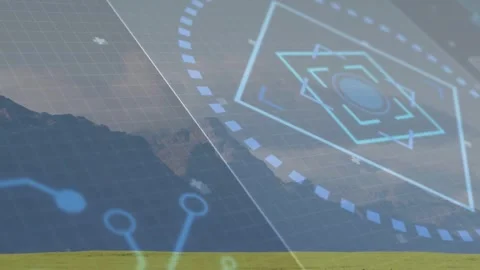 Translucent blue HUD sliding in from right, rotating and pulsing while node Video stock 332469041