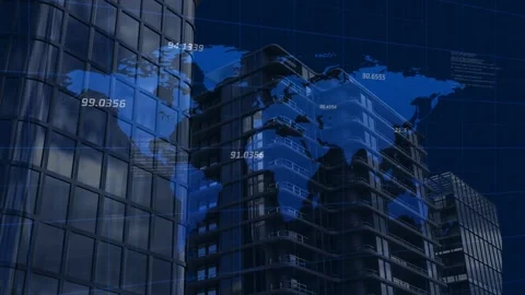 Translucent blue map fading in, towers gliding, numbers pulsing, view zooming, Stock Footage 335651866