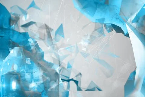 Translucent blue polygon shards floating in grey 3D render space, forming lines Stock Photos