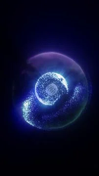 Translucent blue sphere with a bright particle core, soft halo glow, and fu.. Stock Illustration