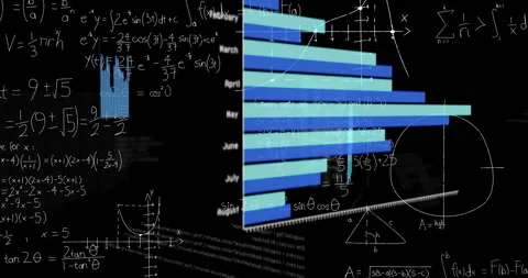 Translucent blue teal bars floating over white hand drawn math equations in Stock Footage 308657338