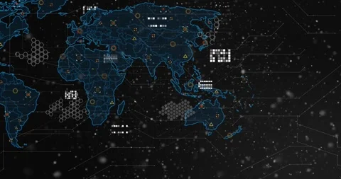 Translucent blue world map outline expanding, populating with HUD overlays Stock Footage 330717738