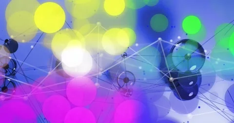 Translucent bokeh discs drifting in, layering over node network, flaring links, Video stock 328225310