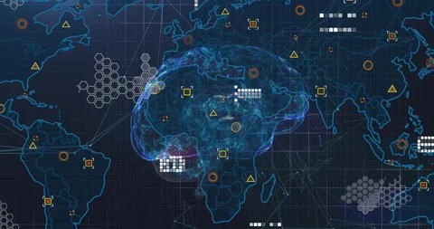 Translucent brain network appearing over map, pulsing forming HUD blocks linking Stock Footage 311506865