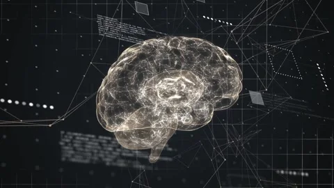 Translucent brain rotating after bright panel pass, pulsing nodes, sliding Stock Footage 334337672