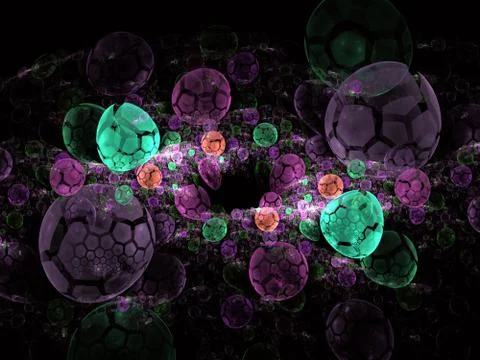Translucent, bubbles texture with glow. Bright, multicolored bunches of 3d or Illustrazione stock