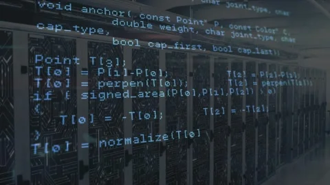 Translucent C++ code scrolling through sections on network response visualizing Stock Footage 317593177