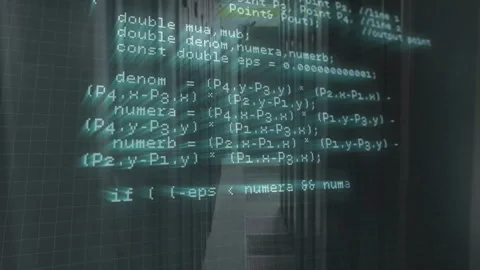 Translucent C++ overlay scrolling down corridor, revealing constructors vector Stock Footage 312481282