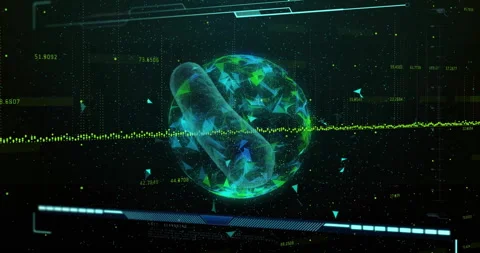 Translucent capsule passing through wireframe sphere, blue fragments and numeric Stock Footage 309284978