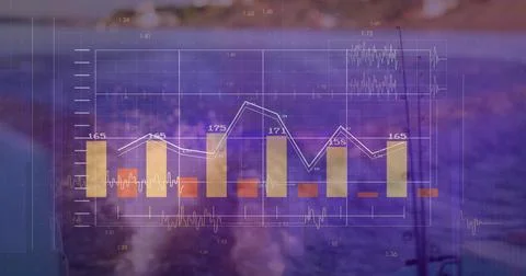 Translucent chart overlaying ocean on surf motion animating bars and trend line Stock Photos