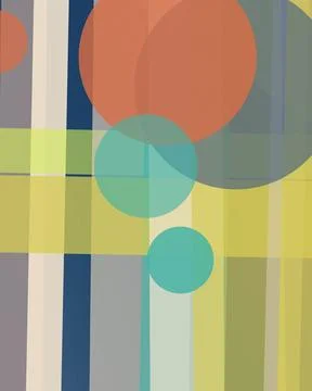 Translucent circles and vertical blocks overlap in lime, teal, coral, navy,.. Stock Illustration