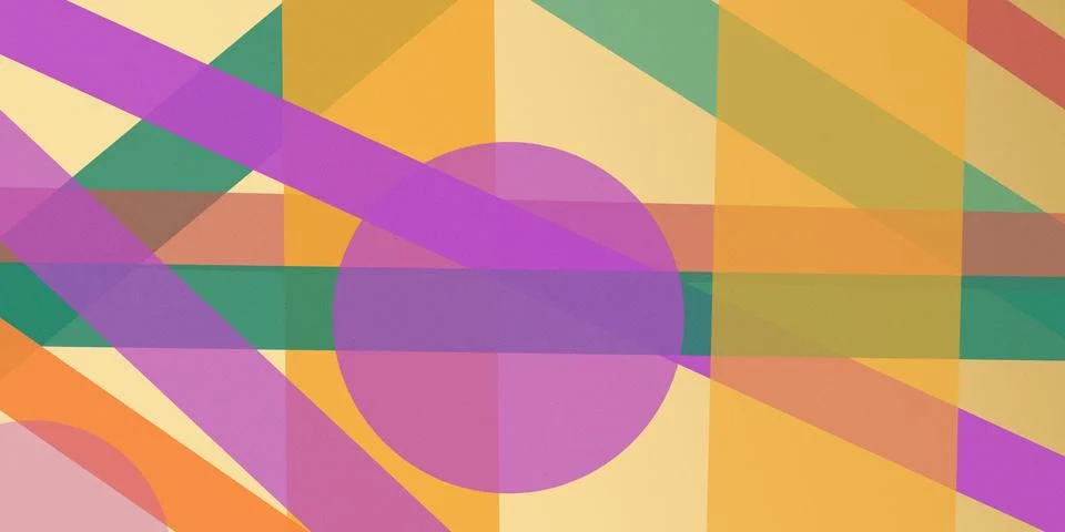 Translucent circles, ribbons, and angular blocks overlap in orange, purple,.. Stock Illustration
