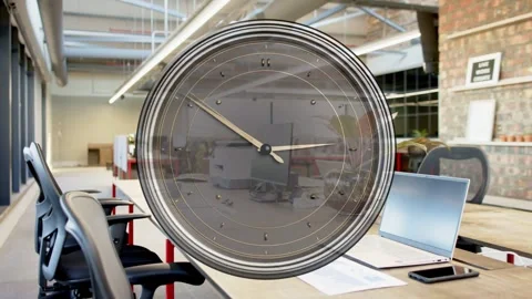 Translucent clock graphic appearing, scaling up, hands rotating clockwise, Stock Footage 337904975