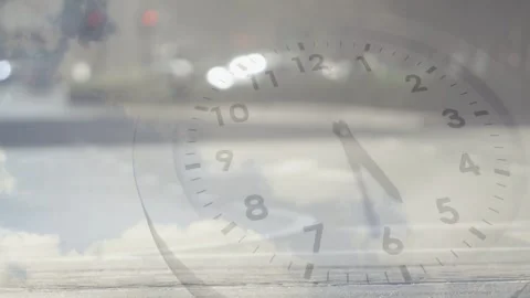 Translucent clock overlay appearing on sea horizon, hands advancing clockwise Stock Footage 334743537