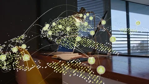 Translucent cluster appearing, 3D data network growing and connecting over desk, Video stock 337912955