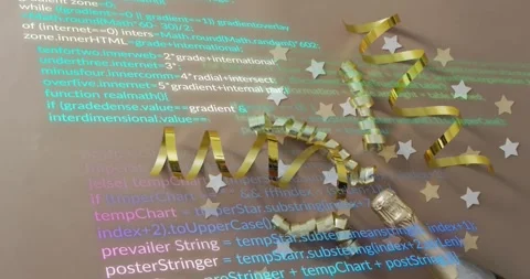 Translucent code overlay appearing over festive decorations and scrolling to 库存影片 317773219
