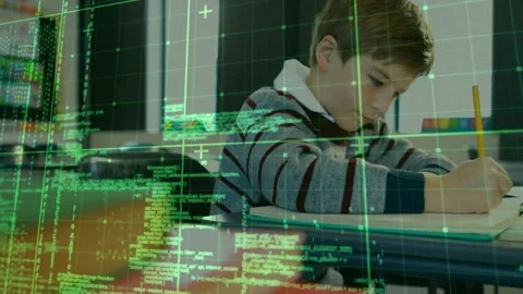 Translucent code overlay receding triggers student writing in notebook, showing Stock Footage 320068812