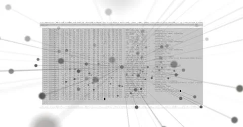 Translucent code panel floating in abstract data network, with hex dump, nodes Stock Photos