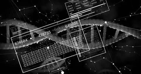 Translucent code panels and DNA helix overlaying keyboard in dark lab, with Stockfoto's