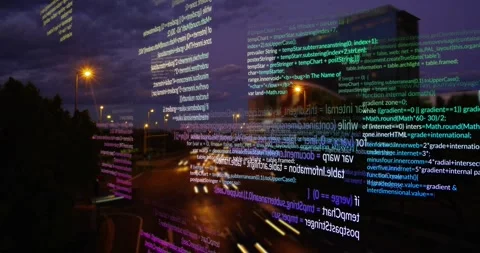 Translucent code panels shifting and layering above highway after camera pull, 動画素材 329473074