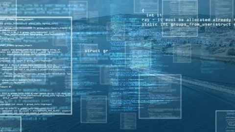 Translucent code panels spawning and drifting over shore, depth blur, scrolling Stock Footage 333463627
