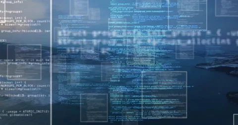 Translucent code windows floating over rocky shoreline and calm water under Stock Footage 307885941