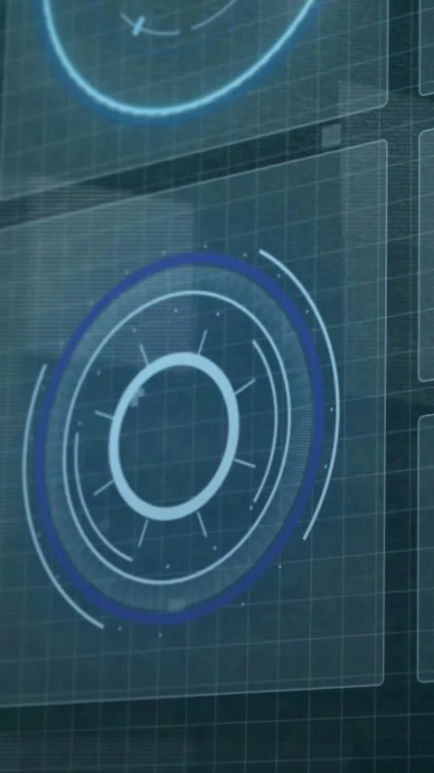 Translucent control HUD rotating blue ring and pulsing inner rings scanning on Stock Footage 334382102
