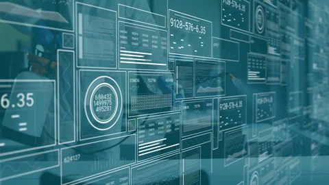 Translucent corporate data panels displaying line graphs bar charts scatter Stock Footage 307466204