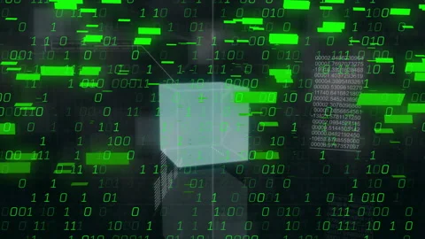 Translucent cube floating in grid receiving binary flow linking code panels Stock Footage 311901390
