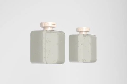 Translucent cubic shape bottle mockup, wooden flipcap and square water bottle イラスト素材