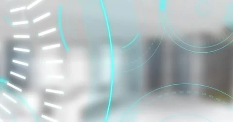 Translucent cyan-blue circular 3D-rendered HUD graphics is overlaying office Stock Illustration