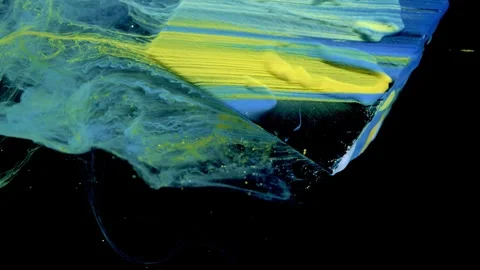 Translucent cyan sheet stretched by neon yellow pigment into layered ridges and  Stock Footage 340784484