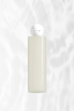 Translucent cylindrical cosmetic bottle with ball shape flip cap mockup, wh.. Stock Illustration