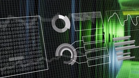 Translucent dashboard in data center receiving rack data, animating binary Stock Footage 332704754