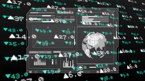 Translucent dashboard receiving ticker stream, updating chart, rotating globe, Stock Footage 329453845