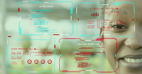 Translucent dashboards emerging over office, data streaming as woman monitoring Stock Footage 315756274