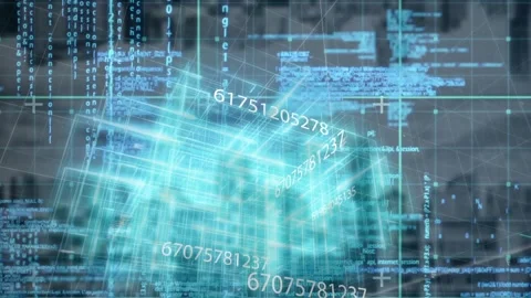 Translucent data cube emerging in code matrix rotating and updating numbers for Stock Footage 327124961