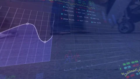 Translucent data overlay floating, showing 3D grid chart, stock ticker table and Video stock 309093359