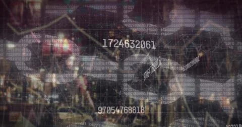 Translucent data overlay showing numeric data and graph lines over professionals 스톡 사진
