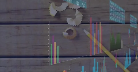Translucent data overlays appearing left, sliding, scaling across desk, showing Stock Footage 328307192