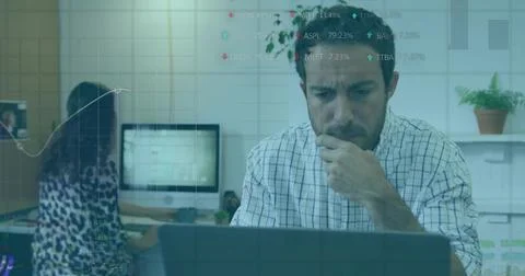 Translucent data overlays appearing, man leaning, analyzing laptop data, woman Stock Photos