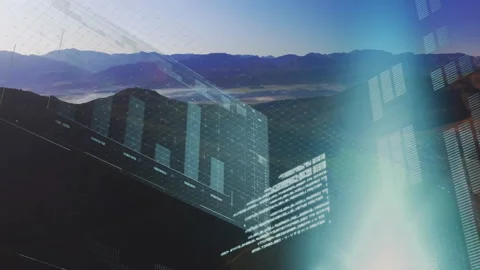 Translucent digital interface floating over valley displaying 3D bar graphs, Stock Footage 309107375