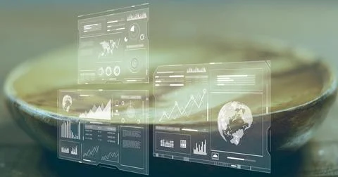 Translucent digital interface panels showing data charts and world map above Stock Photos
